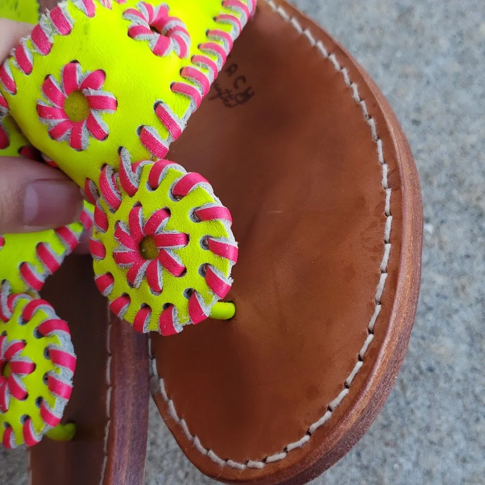 Palm Beach Handmade Leather Neon Green Pink Sandals Size 8 Beachy Tropical USA - Picture 9 of 16